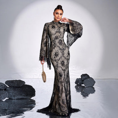 Long Sleeve Round Neck Sexy Lace Banquet Dress