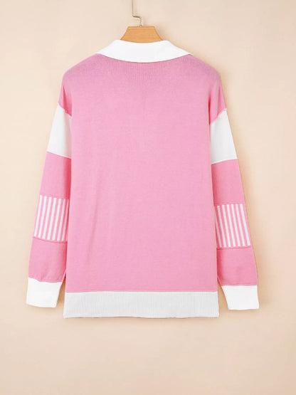 Contrasting Polo Collar Color Block Knit Drop Shoulder Sweater