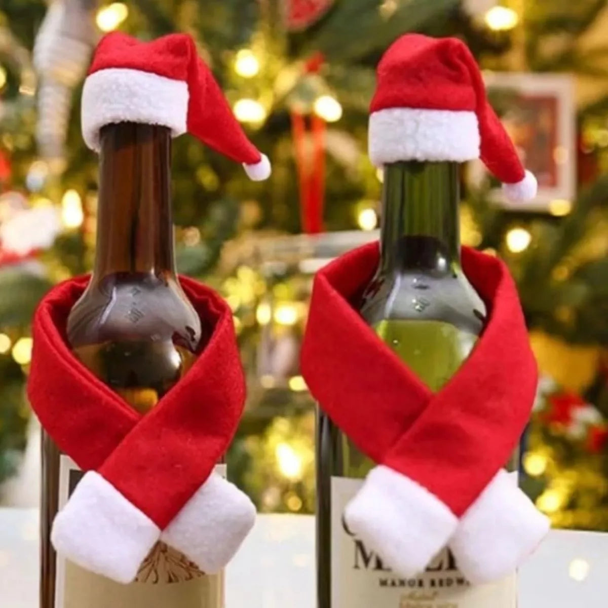 2 Piece Christmas Wine Bottle Santa Hat &amp; Scarf Decorative Covers