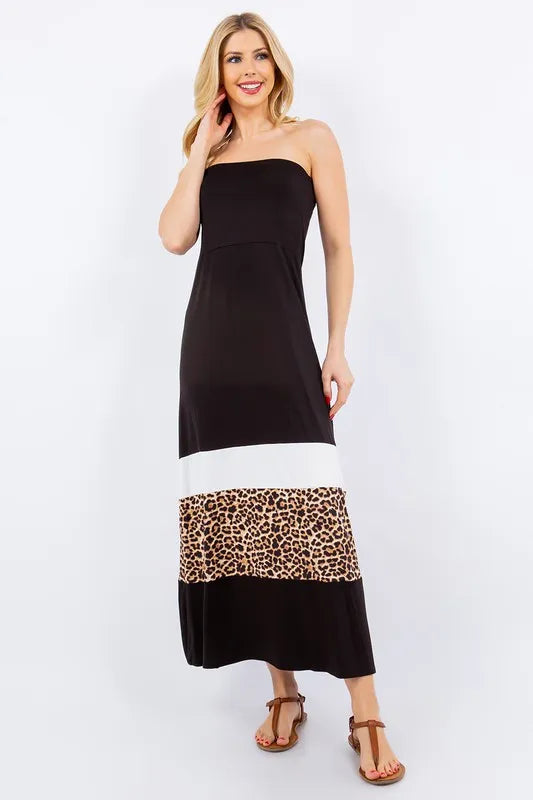 Celeste Full Size Leopard Color Block Tube Maxi Dress Plus Size