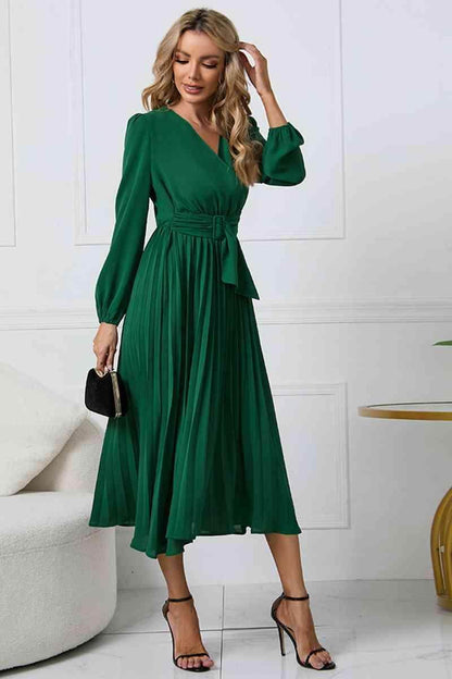 V-Neck Long Sleeve Tie Waist Midi Dress for Women