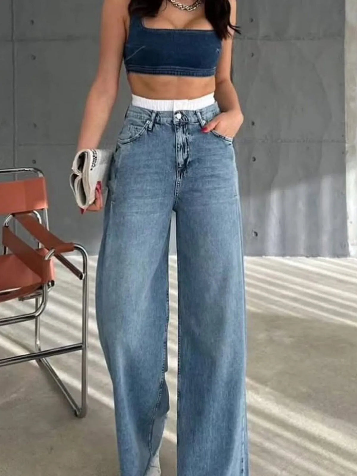High Waisted Wide Leg Vintage Wash Jeans