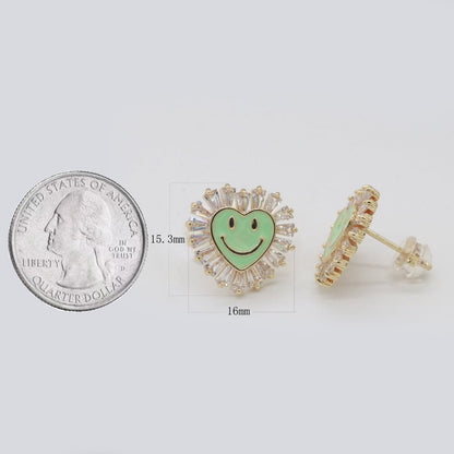 1 pair Cz Gold Happy Face Stud Earrings, Heart Face Enamel Minimalist Jewelry, Simple Everyday Earrings, Best Friend, Birthday Gift