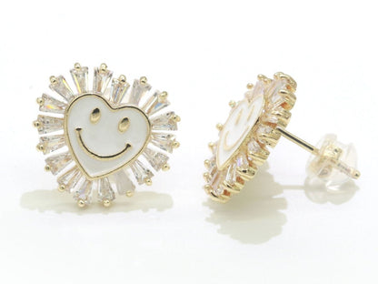 1 pair Cz Gold Happy Face Stud Earrings, Heart Face Enamel Minimalist Jewelry, Simple Everyday Earrings, Best Friend, Birthday Gift