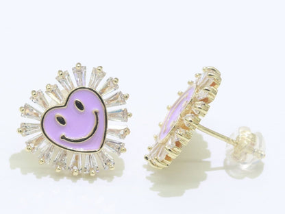 1 pair Cz Gold Happy Face Stud Earrings, Heart Face Enamel Minimalist Jewelry, Simple Everyday Earrings, Best Friend, Birthday Gift