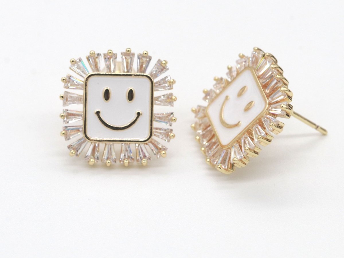 1 pair Dainty Happy face Square stud earrings, gold Enamel smile stud, smiley earrings, kawaii Cute earring emoji earrings korean earring