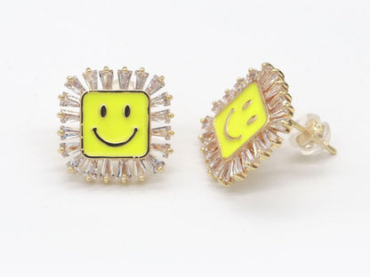1 pair Dainty Happy face Square stud earrings, gold Enamel smile stud, smiley earrings, kawaii Cute earring emoji earrings korean earring