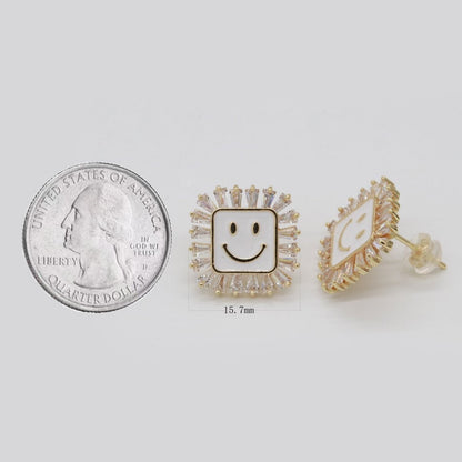 1 pair Dainty Happy face Square stud earrings, gold Enamel smile stud, smiley earrings, kawaii Cute earring emoji earrings korean earring