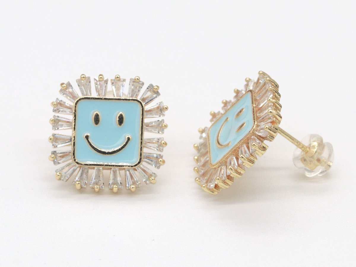 1 pair Dainty Happy face Square stud earrings, gold Enamel smile stud, smiley earrings, kawaii Cute earring emoji earrings korean earring