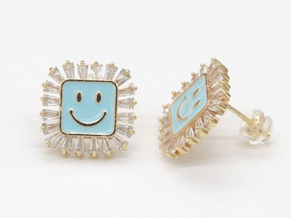 1 pair Dainty Happy face Square stud earrings, gold Enamel smile stud, smiley earrings, kawaii Cute earring emoji earrings korean earring