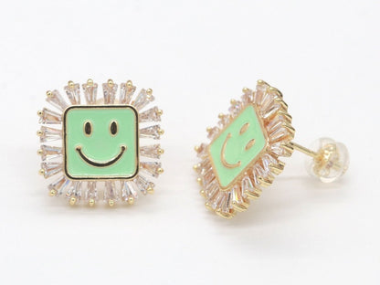1 pair Dainty Happy face Square stud earrings, gold Enamel smile stud, smiley earrings, kawaii Cute earring emoji earrings korean earring