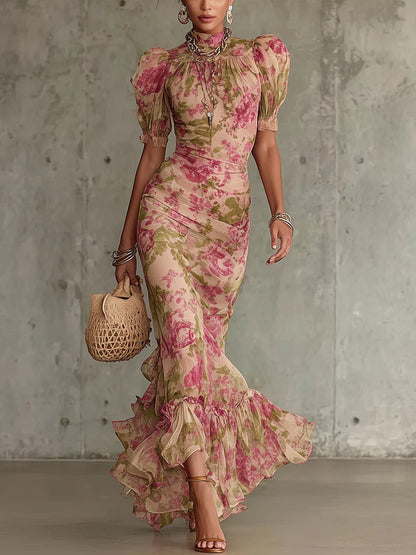 French-style Vintage Chiffon Dress, Summer High-neck Puff Sleeve, Waist-cinching, Slimming, Fishtail, Elegant, Ladylike, Vacation Long Dress