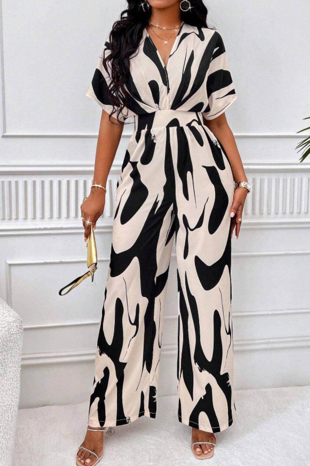 Printed V-Neck Short Sleeve Wide Leg Jumpsuit for Women