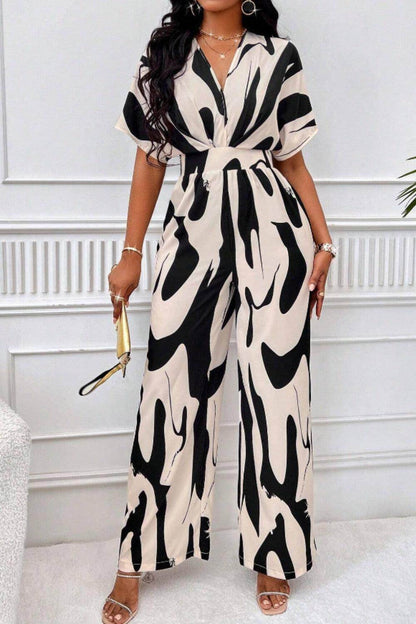 Printed V-Neck Short Sleeve Wide Leg Jumpsuit for Women