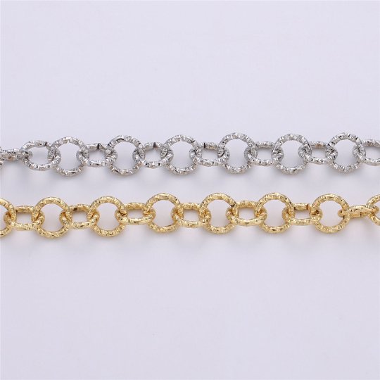 10.5mm Round ROLO Textured Link Chain, Silver 24K Gold Plated Chain by Yard For Necklace Bracelet Component, UNIQUE ROLO Chain | ROLL-090, ROLL-091 Clearance Pricing