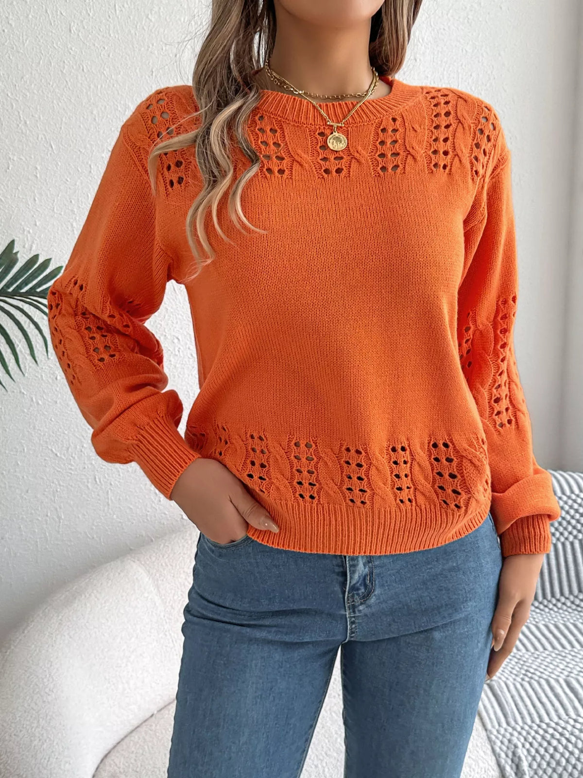 Hollow Out Eyelet Long Sleeve Sweater