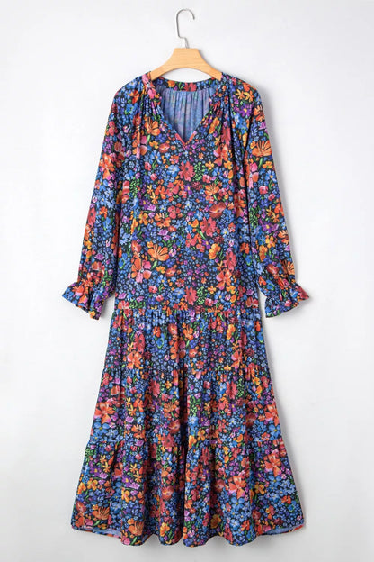 Floral Notched Flounce Sleeve Maxi Dress