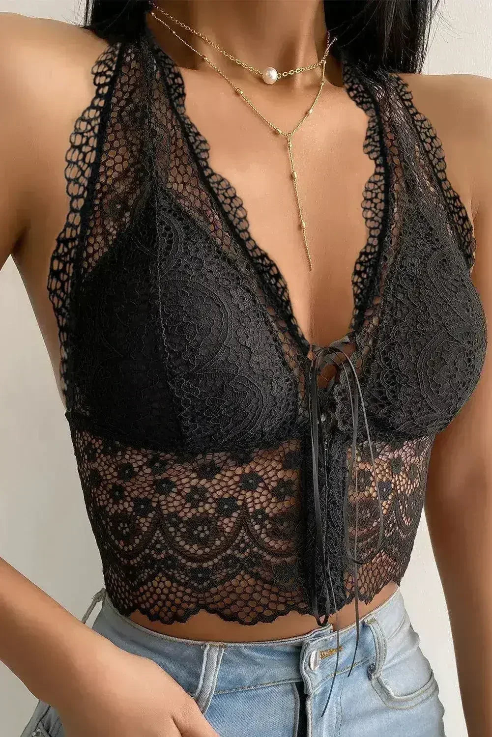 Black Lace Bralette Crop Top - Scallop Trim &amp; Backless Design