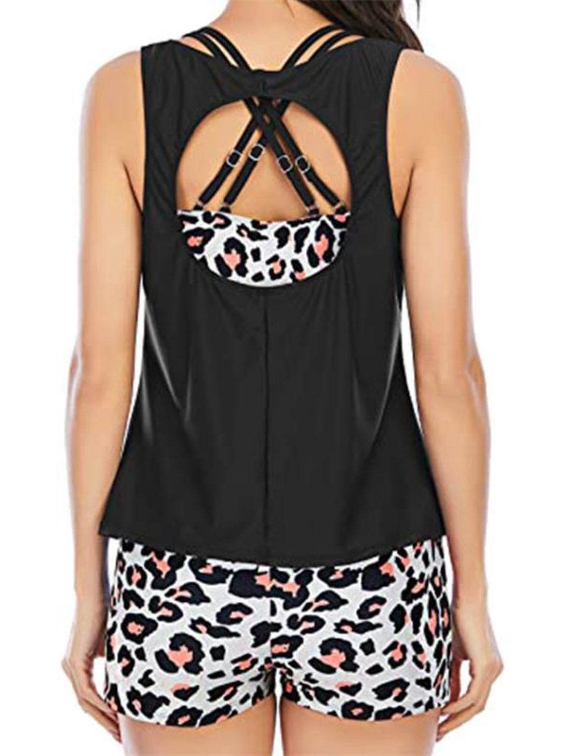Cutout Printed Round Neck Three-Piece Swim Set