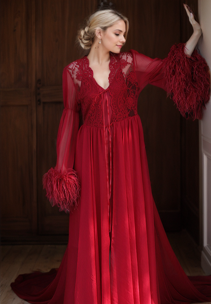 Ethereal Lace &amp; Feather-Trimmed Sheer Bridal Robe – Vintage Luxury Loungewear