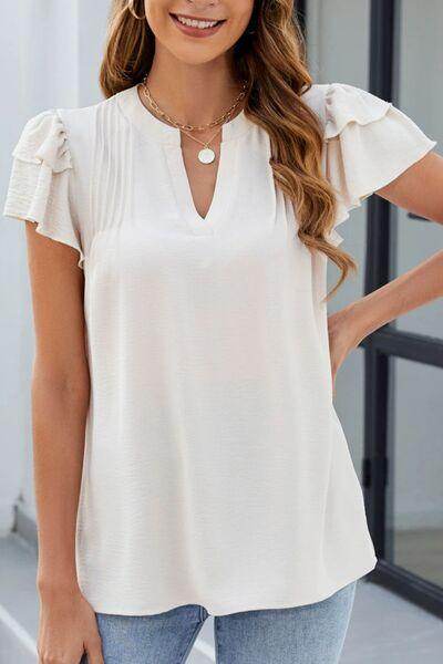 Ruffled Notched Short Sleeve Blouse for Women Fashion