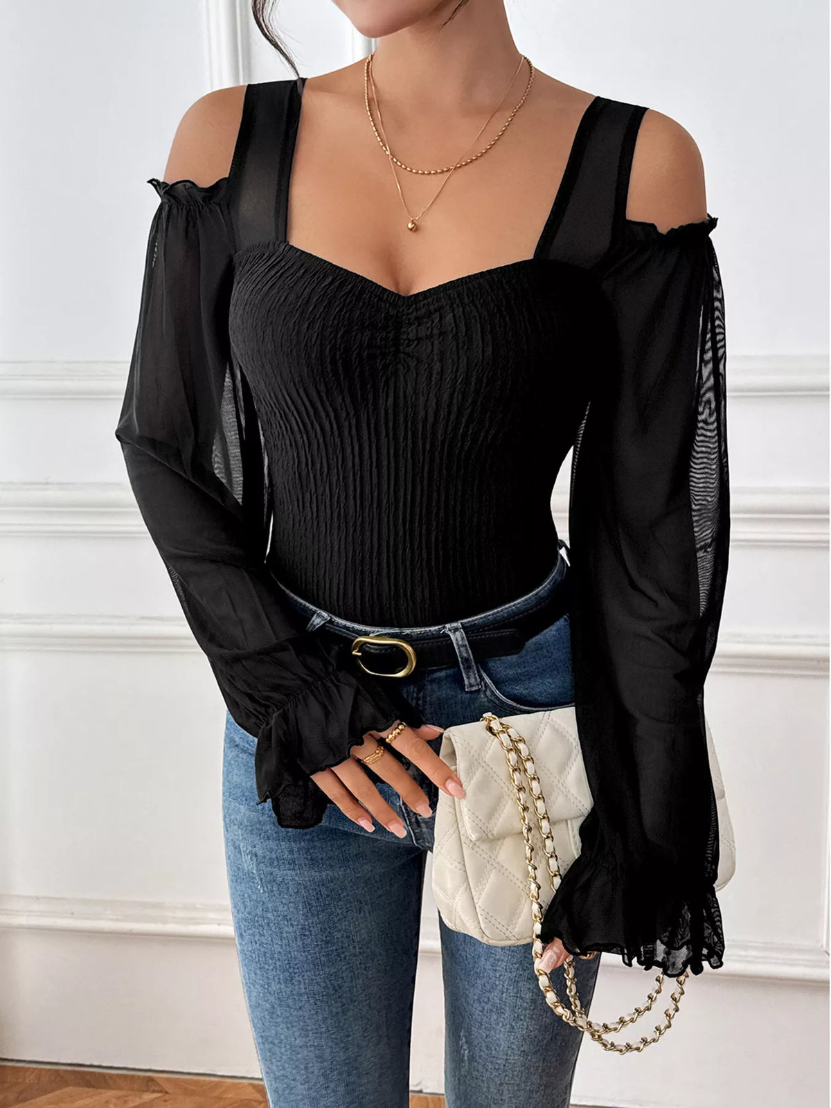 Cold Shoulder Flounce Sleeve Bodysuit