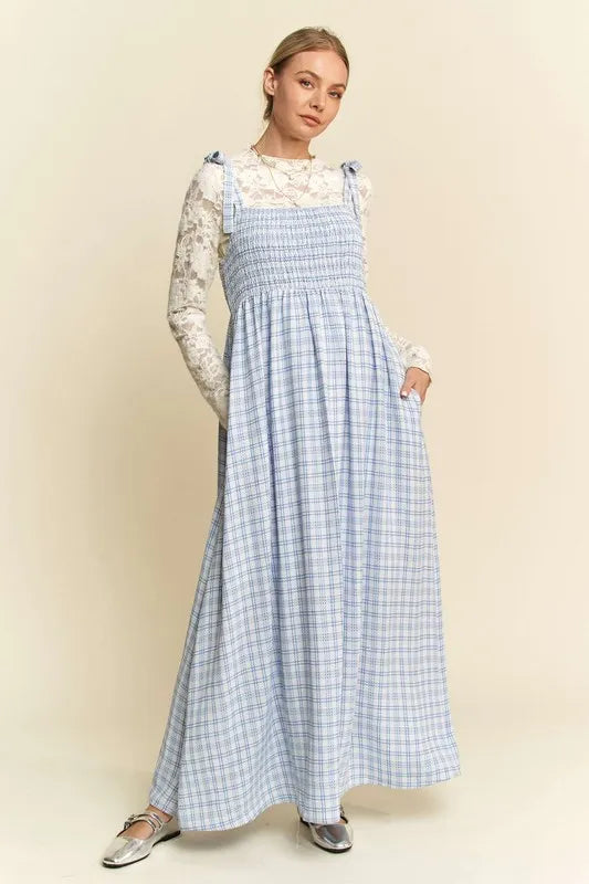 Davi &amp; Dani Plaid Smocking Sleeveless Maxi Dress