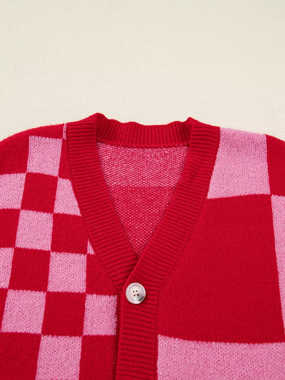 Checkerboard Knit Button-Down Cardigan
