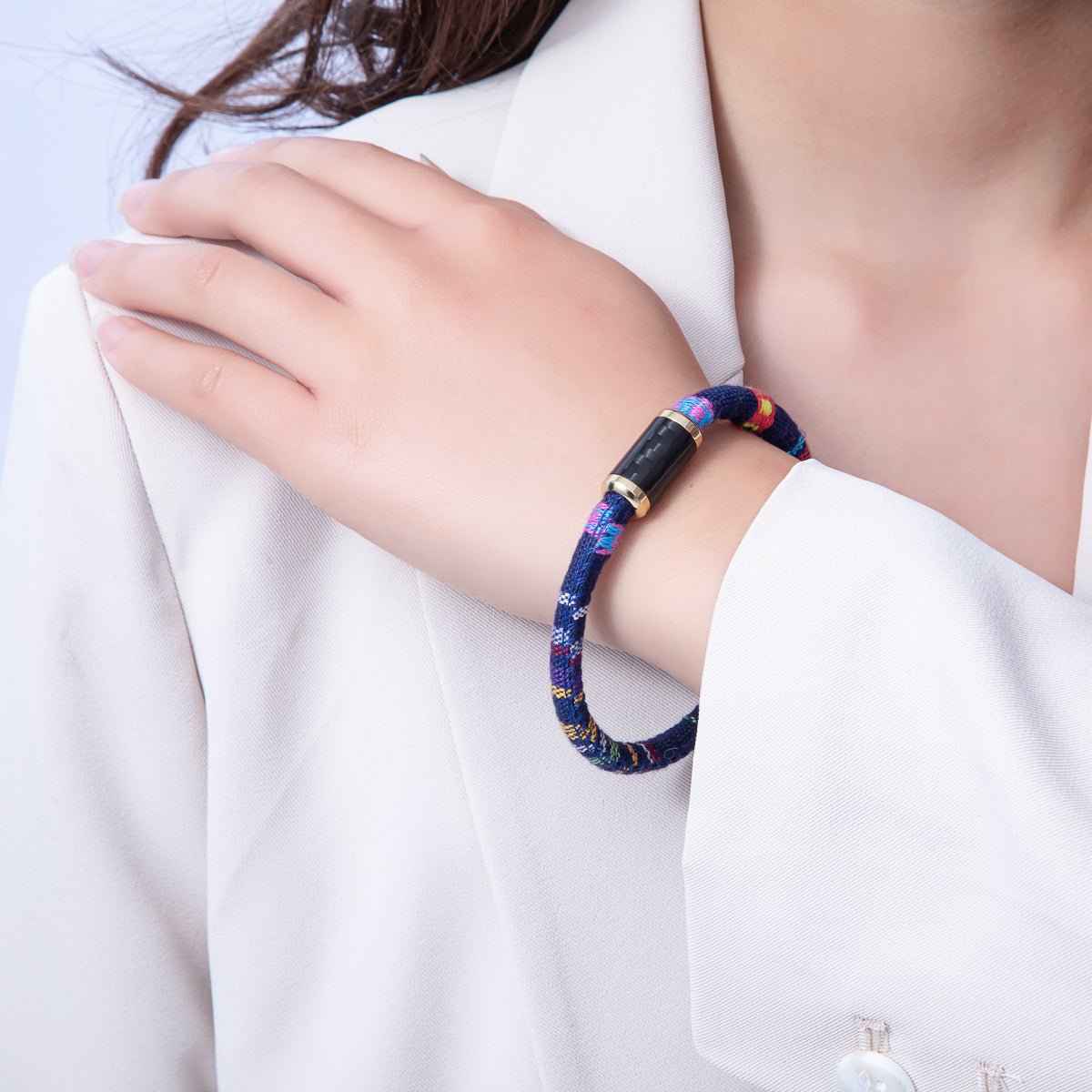 10mm Blue Multicolor Embroidered Fabric Cord 8.86 Inch Bracelet | WA-3960