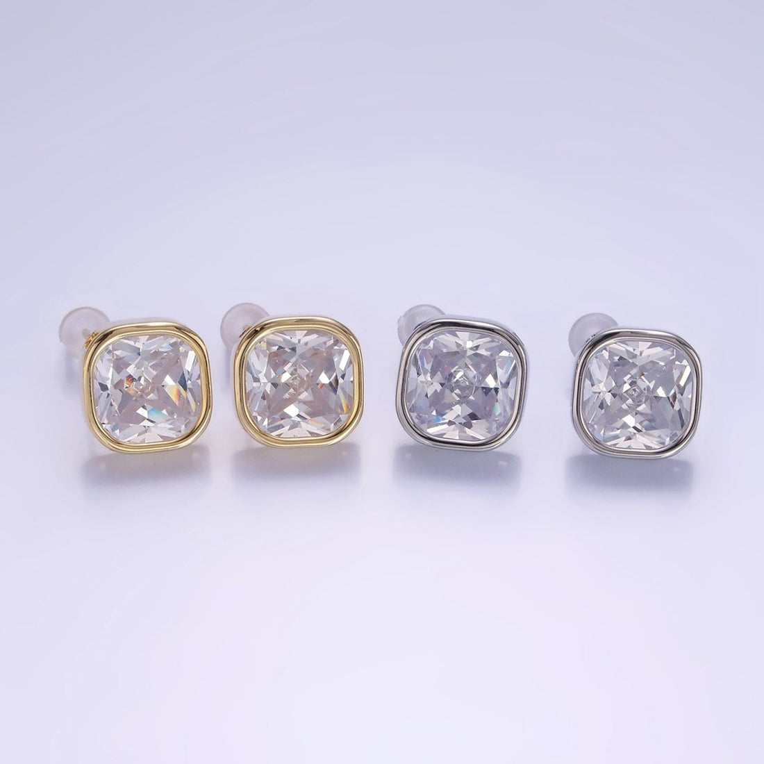 10mm Clear CZ Square Bezel Stud Earrings in Gold &amp; Silver | V514 V515