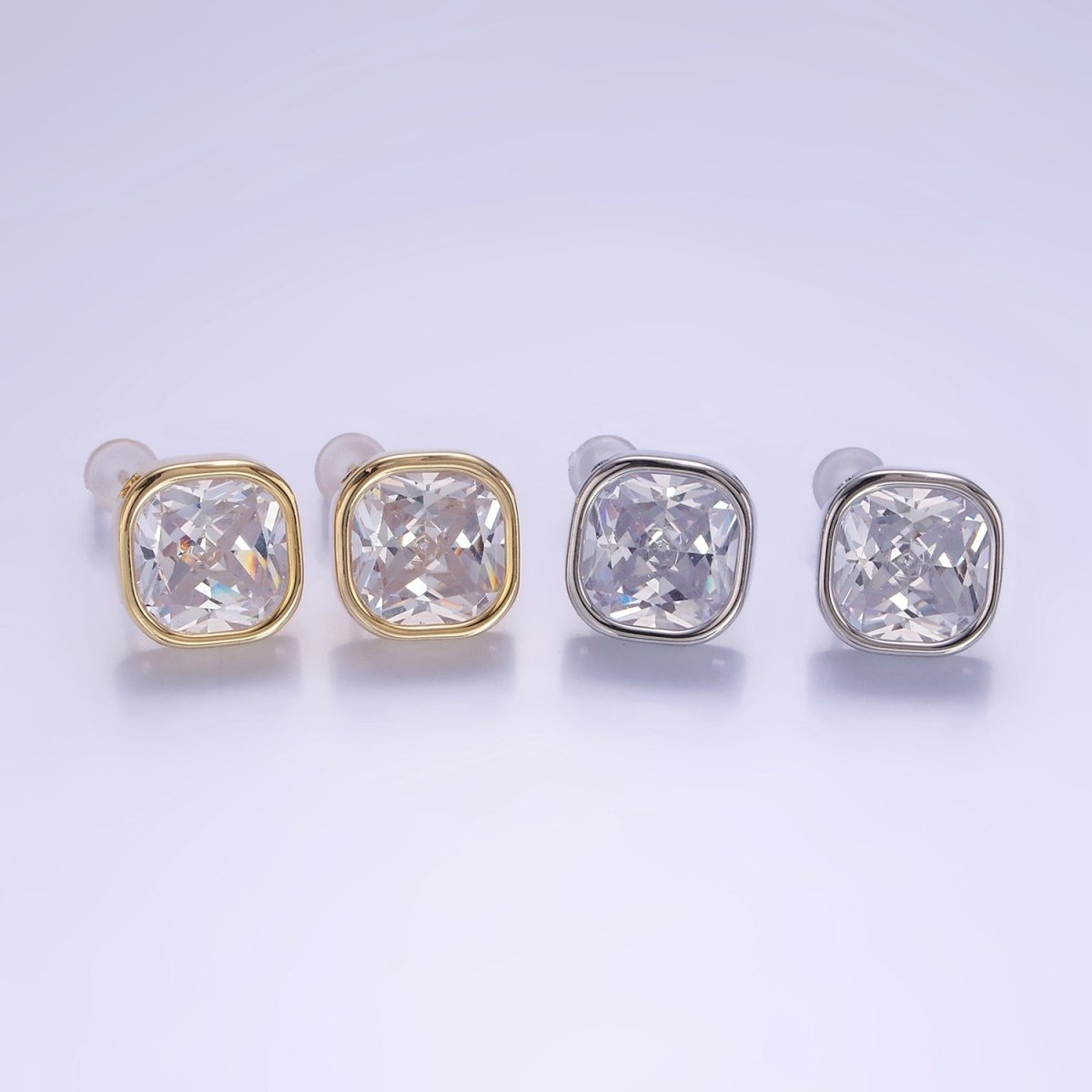 10mm Clear CZ Square Bezel Stud Earrings in Gold &amp; Silver | V514 V515