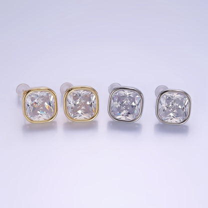10mm Clear CZ Square Bezel Stud Earrings in Gold &amp; Silver | V514 V515