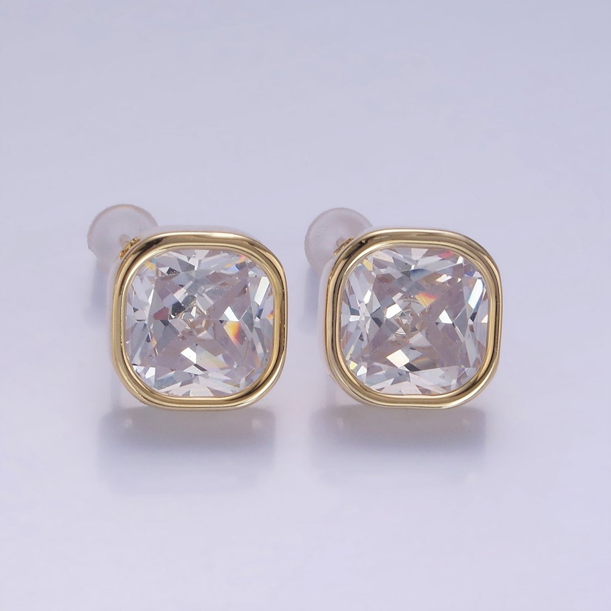 10mm Clear CZ Square Bezel Stud Earrings in Gold &amp; Silver | V514 V515