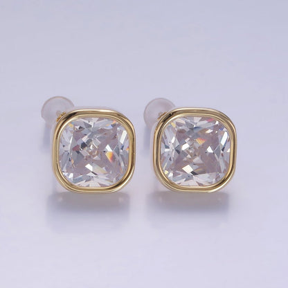 10mm Clear CZ Square Bezel Stud Earrings in Gold &amp; Silver | V514 V515