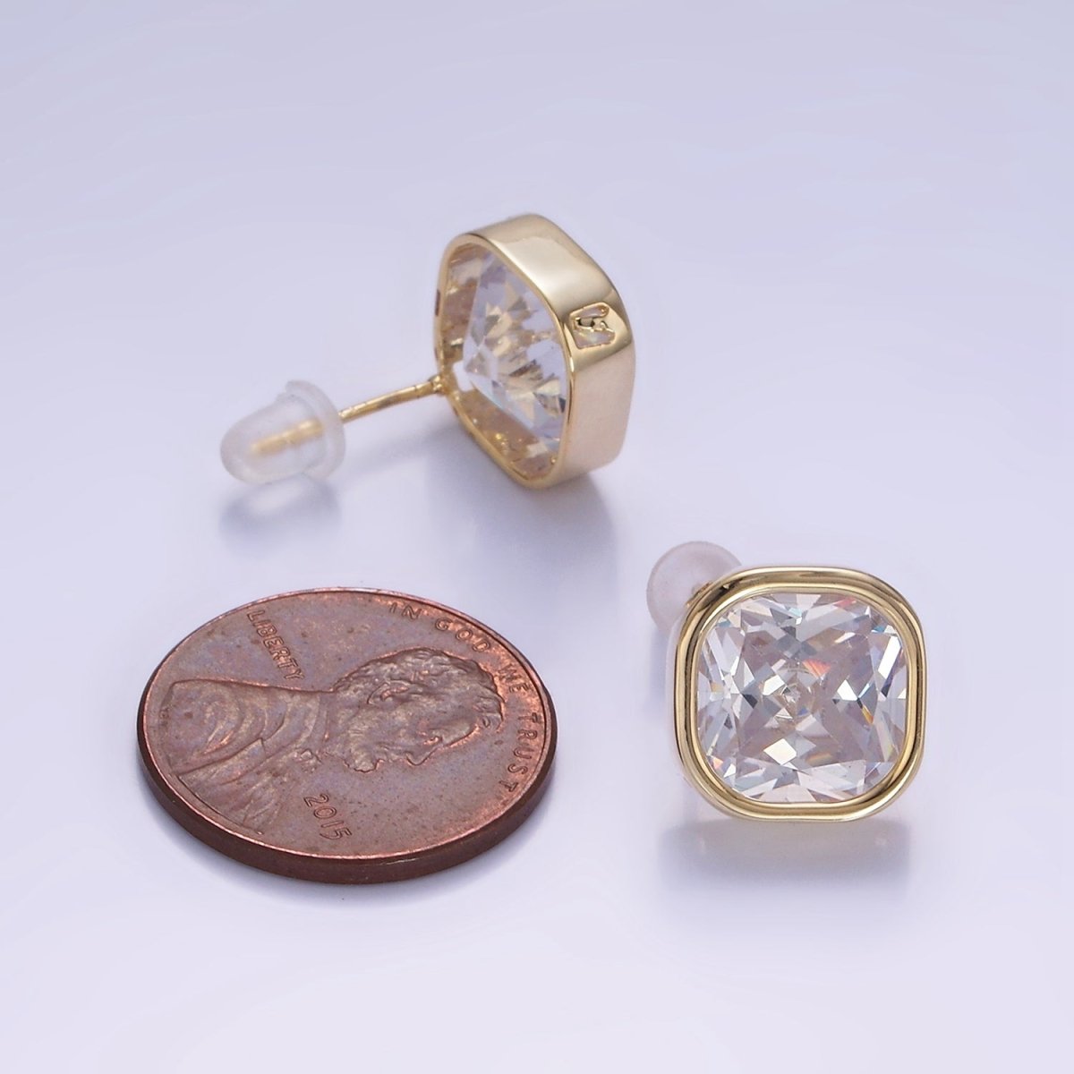 10mm Clear CZ Square Bezel Stud Earrings in Gold &amp; Silver | V514 V515