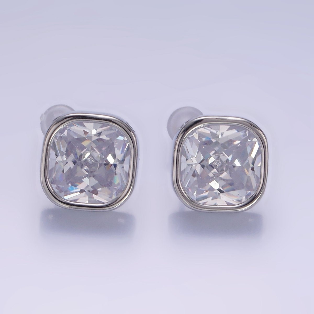 10mm Clear CZ Square Bezel Stud Earrings in Gold &amp; Silver | V514 V515