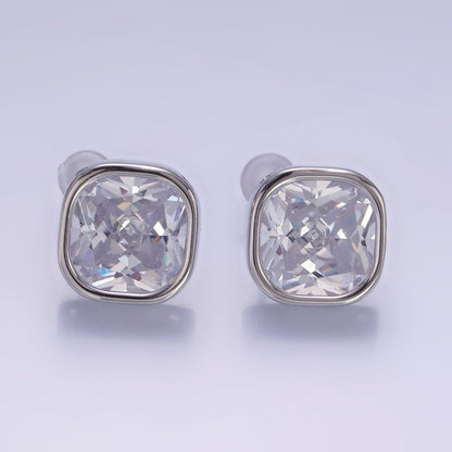 10mm Clear CZ Square Bezel Stud Earrings in Gold &amp; Silver | V514 V515