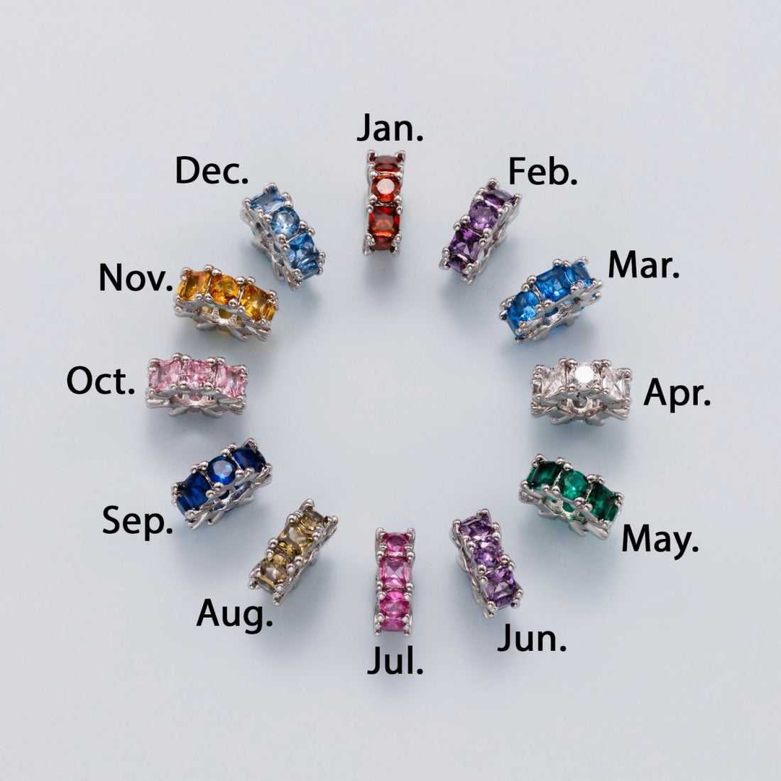 10mm Personalized Baguette Birthstone CZ Rondelle Spacer Set | Beads-00077 ~ Beads-00088
