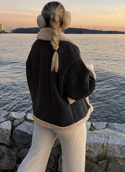 Fuzzy Collared Neck Long Sleeve Jacket with Buttoned Closure and Cozy Pockets