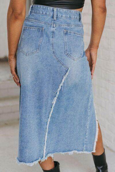 Raw Hem Slit Denim Skirt with Pockets for Women