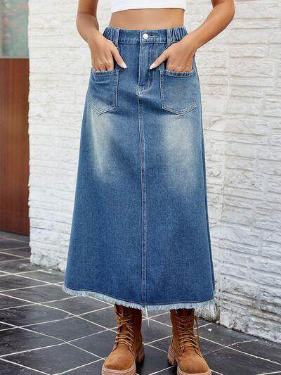 Raw Hem Buttoned Denim Skirt with Pockets for Women
