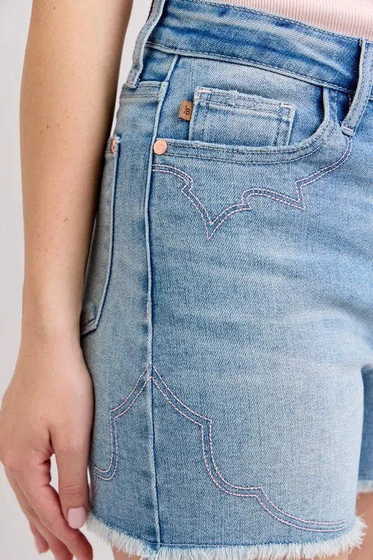 Judy Blue Full Size High Waist Western Embroidery Detail Cut Off Denim Shorts Plus Size