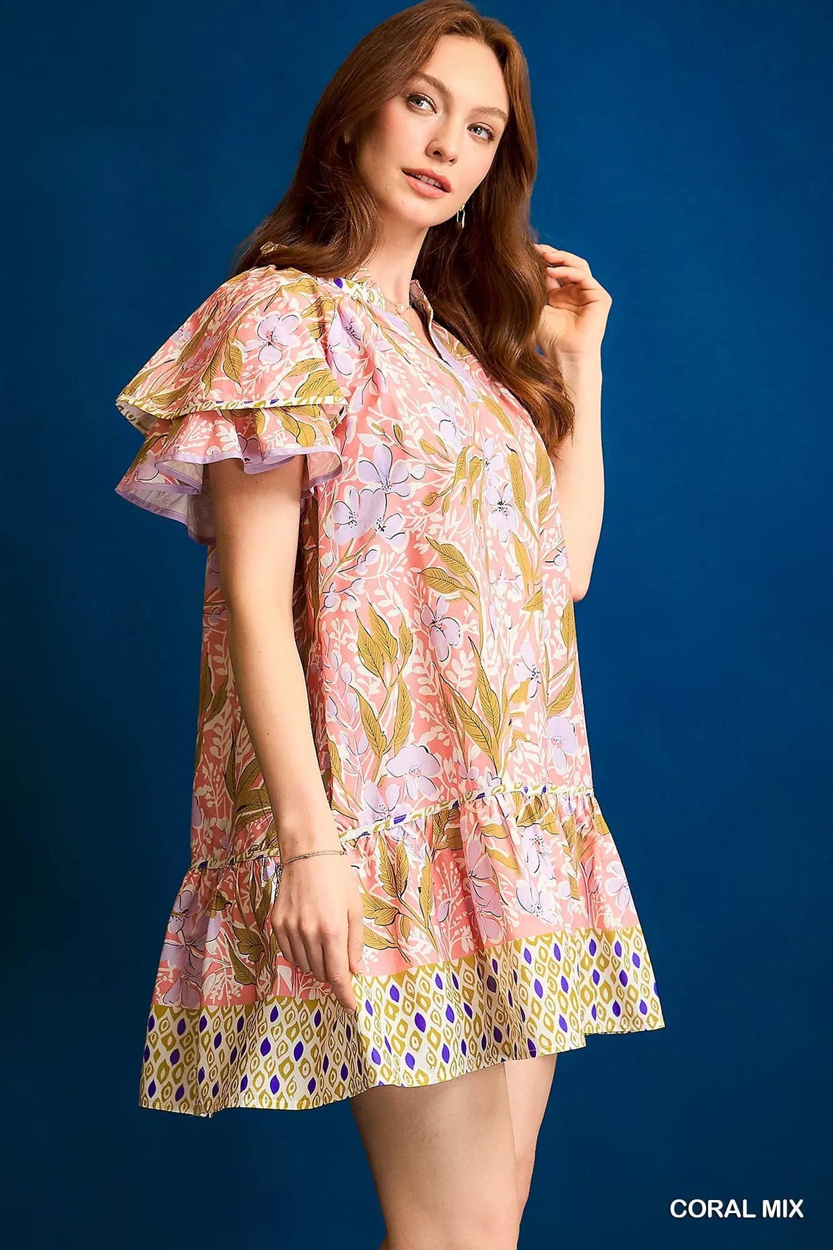 Umgee Floral Ruffle-Sleeve Tunic Dress