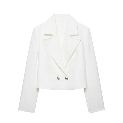 Womens Short Double-breasted Blazer With Shoulder Pads