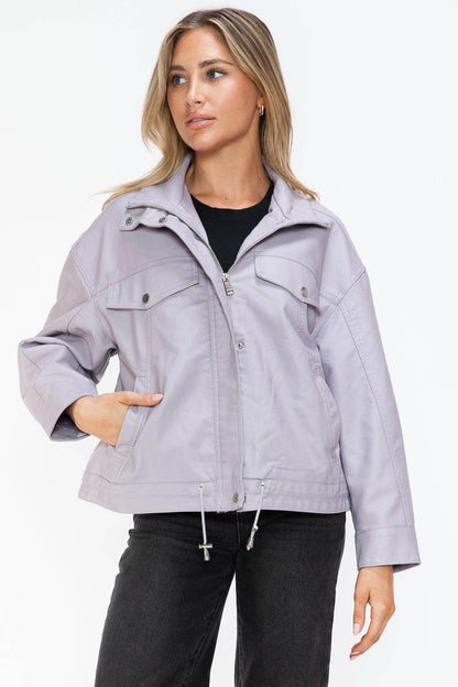 How Dare U Drawstring Hem PU Leather Zip Up Jacket Women