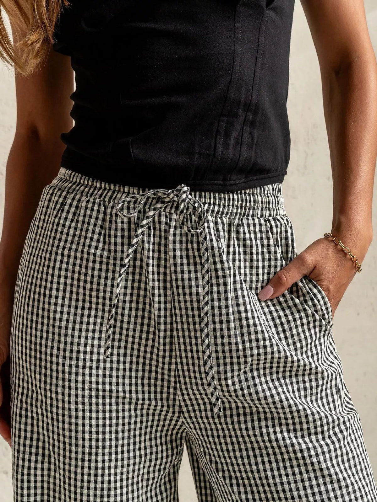 Gingham Print Wide Leg Casual Pants