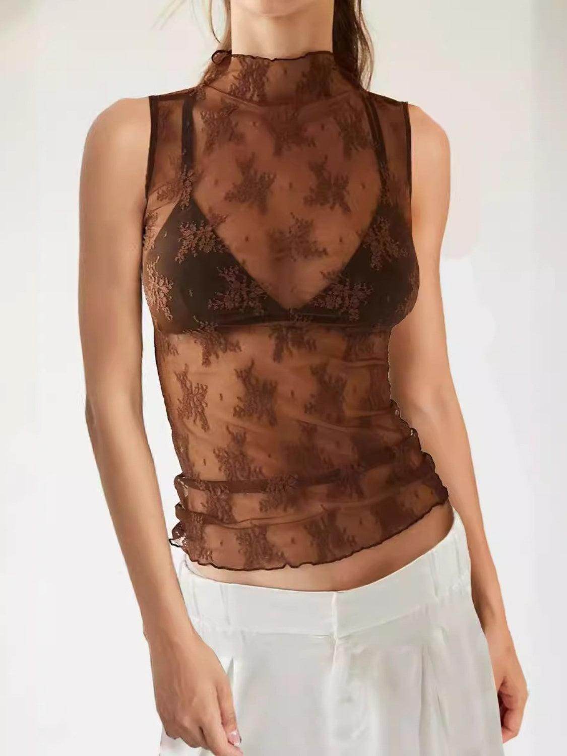 Lace Mock Neck Top for Women in Sheer Polyester Style