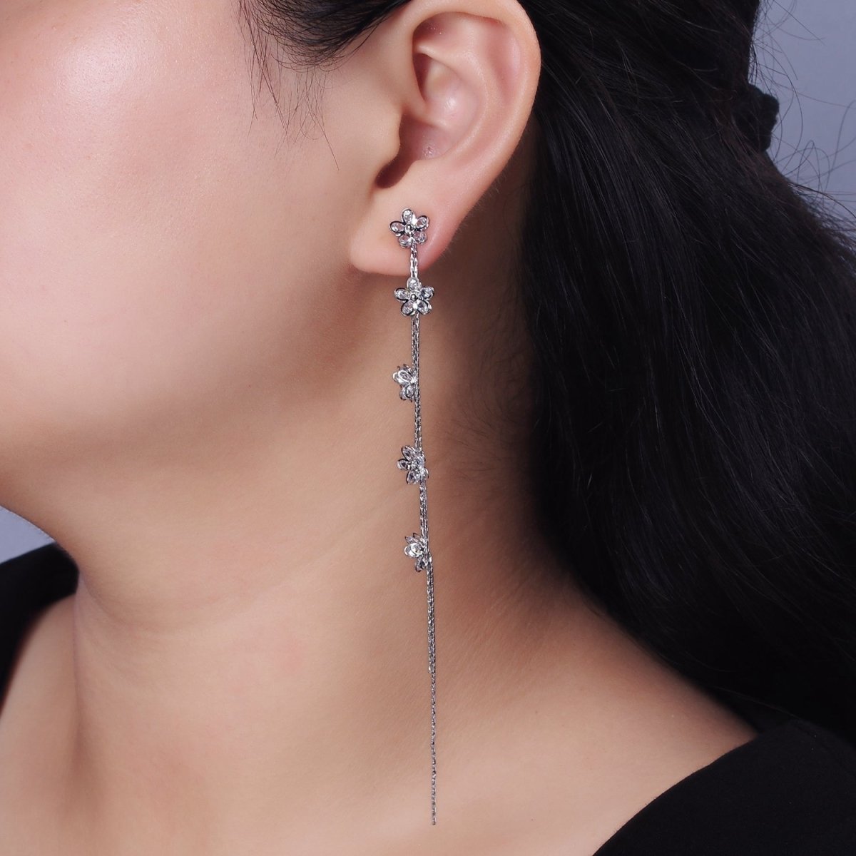 115mm Multiple Clear CZ Flower Double Linear Drop Stud Earrings in Gold &amp; Silver | AE279 AE280