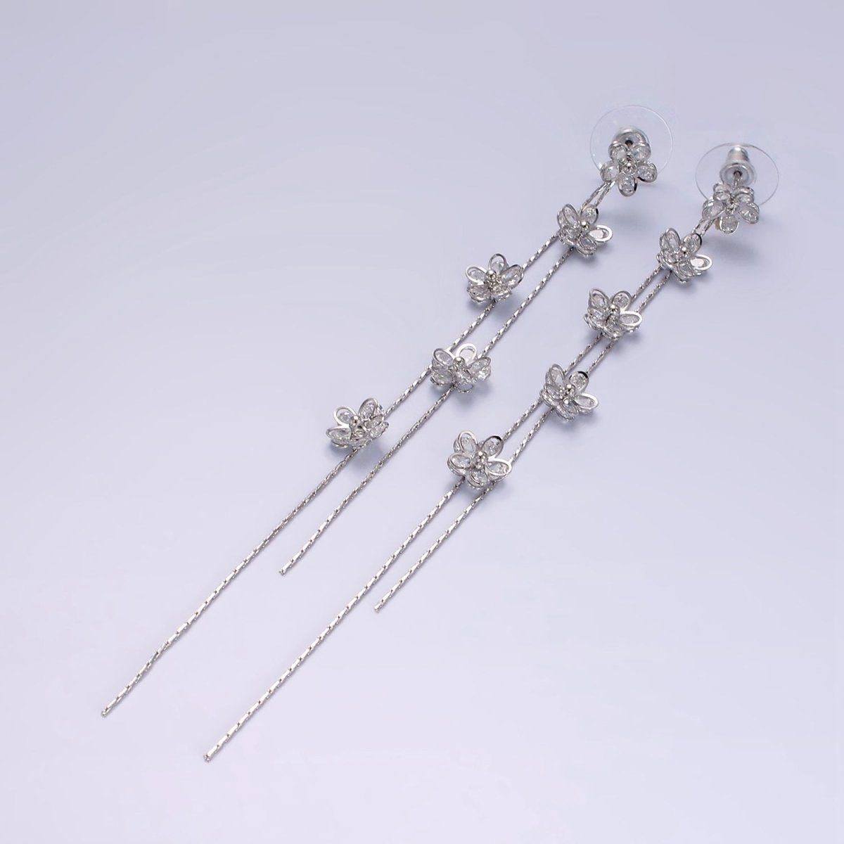 115mm Multiple Clear CZ Flower Double Linear Drop Stud Earrings in Gold &amp; Silver | AE279 AE280