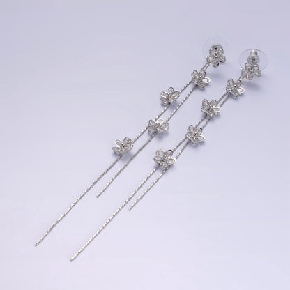 115mm Multiple Clear CZ Flower Double Linear Drop Stud Earrings in Gold &amp; Silver | AE279 AE280